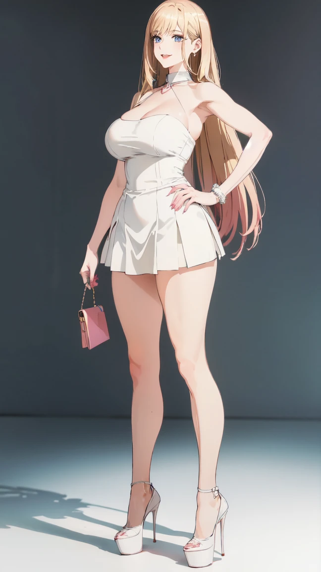 ((masterpiece, high resolution, better quality, better details)), ((Marin Kitagawa)), ((Smiling)), ((one girl)) a girl modeling standing, mini skirt, blouse, ((big neckline)), ((platform high heels)), pink eyes with black outline, (light blonde hair, straight hair, straight bangs, long hair)), long nails, pink nails, (((curvy body))), shiny skin, ((side view)), solo, bare shoulders, full body, focus full body, high heels, ((White background)),