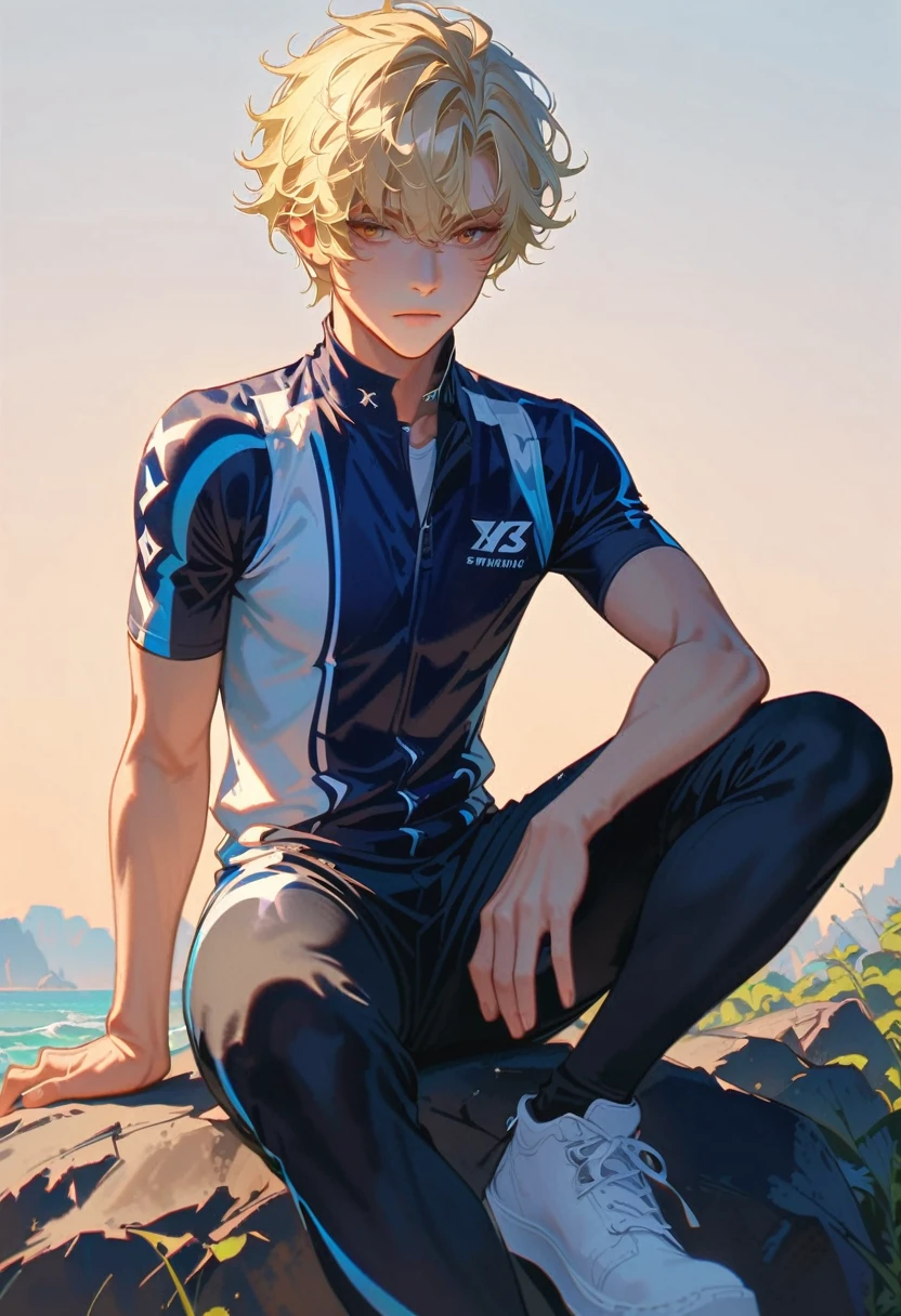 style 9, 1 boy Blonde hair, brown eyes, sitting on a rock, wearing a tight blue racer uniform