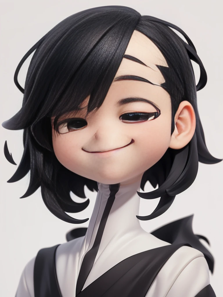 (((Masterpiece))), (high quality), one Japanese boy, 18 years old,(tall and thin,sleepy droopy eyes, long face,thin cheeks:1.5),(black shaggy short hair,blank expression,smile:1.5),(Plain background:1.5),