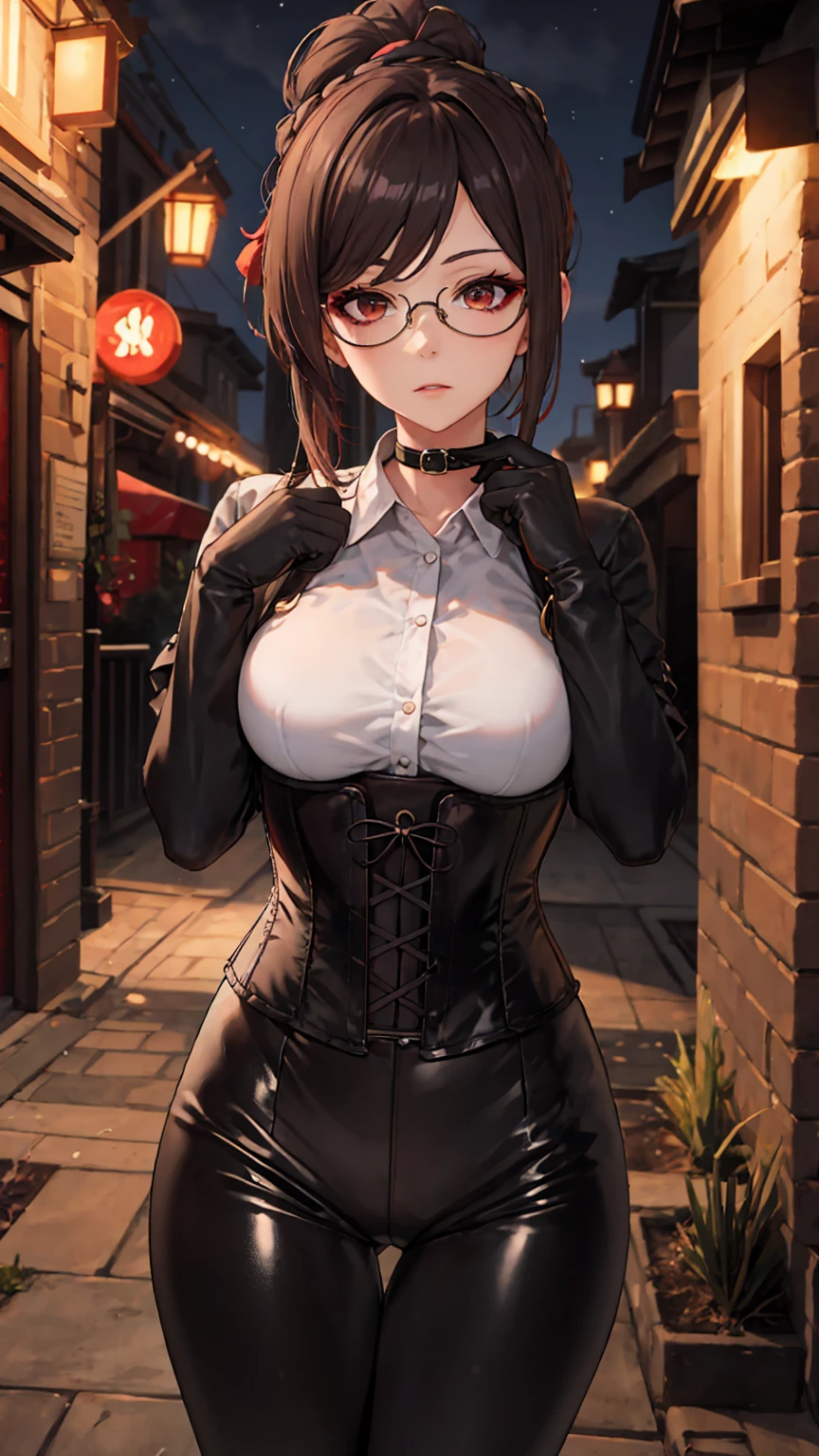 1 girl, Chiori \(genshin impact\), Alone, choker:1.6, White long sleeve shirt with long sleeve collar, black leather corset, black gloves that cover your hands, shiny black leggings, glasses, looking at the viewer,, inside, depth of field, expressionless, alley, at night