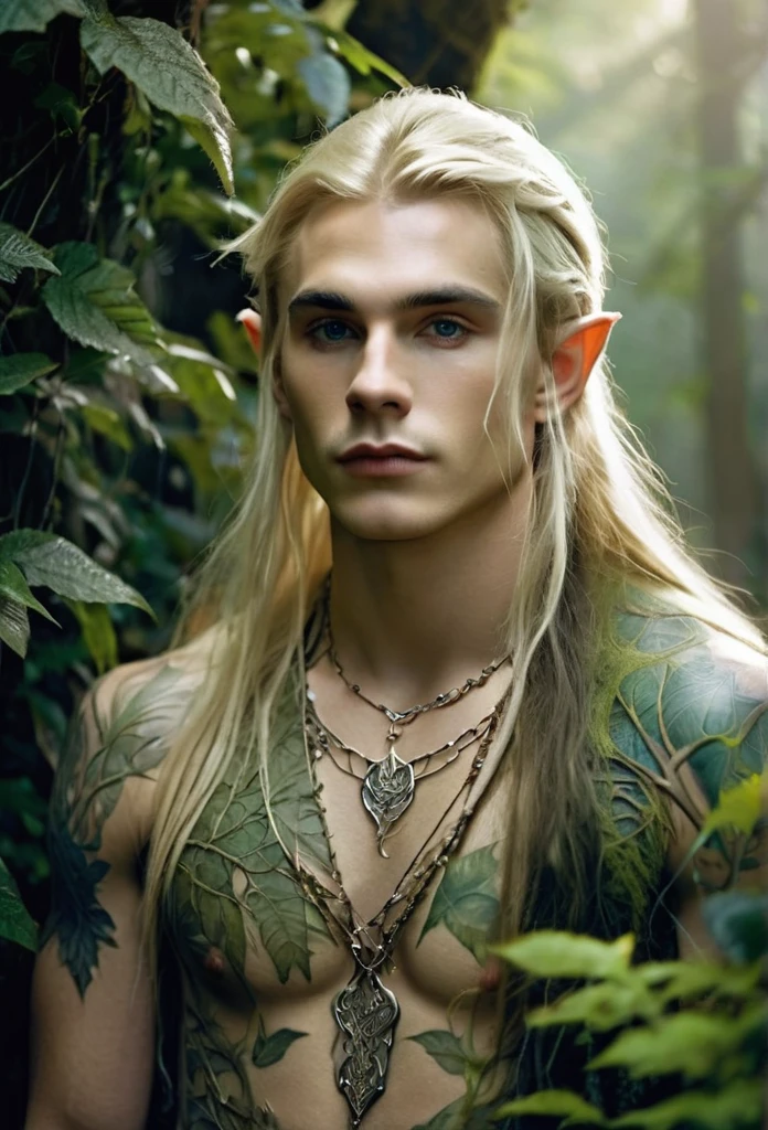 Young guy elf,blond(full body),long hair, defined body, tattooed,in a magical forest)light mist,he is a mystic forest, he's very detailed adorned with leaves and vines, he's amongst vines and holding them,he has a sensual and sad look