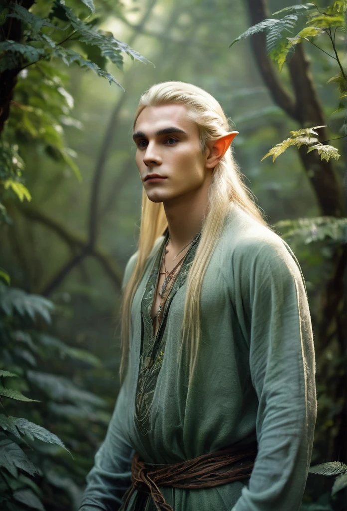 Young guy elf,blond(full body),long hair, defined body, tattooed,in a magical forest)light mist,he is a mystic forest, he's very detailed adorned with leaves and vines, he's amongst vines and holding them,he has a sensual and sad look