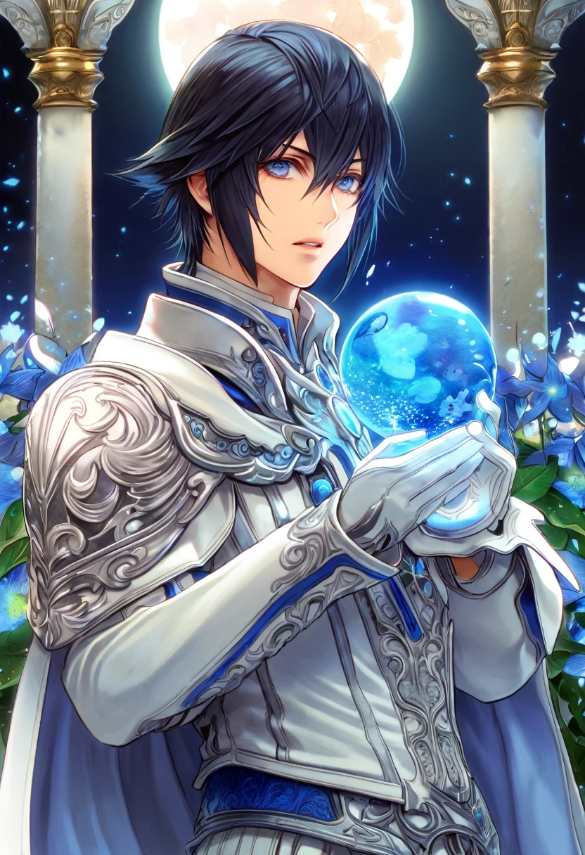 absurdres, highres, ultra detailed, HDR, master piece, Cid Raines, black hair, expressive gray eyes, white clothes, Final Fantasy XIII, sexy man, handsome, best quality, blue moon, flowers, fantasy, magical, solo, water, blue shining fireflies, blue petals, white cape, white gloves,