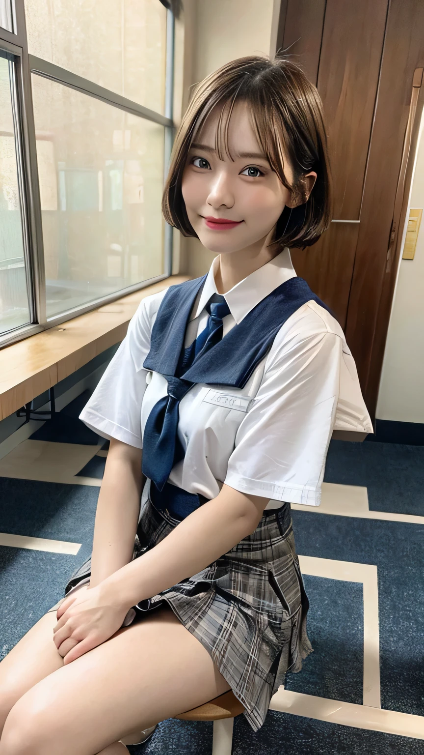 Highest quality, masterpiece, Ultra-high resolution, (Realistic:1.4), RAW Photos, One girl, Silver short hair, blue eyes, Detailed eyes and face,, Dynamic Lighting, Modest, Full Body Shot, Japanese, classroom, Japanese school girl uniform, high school student