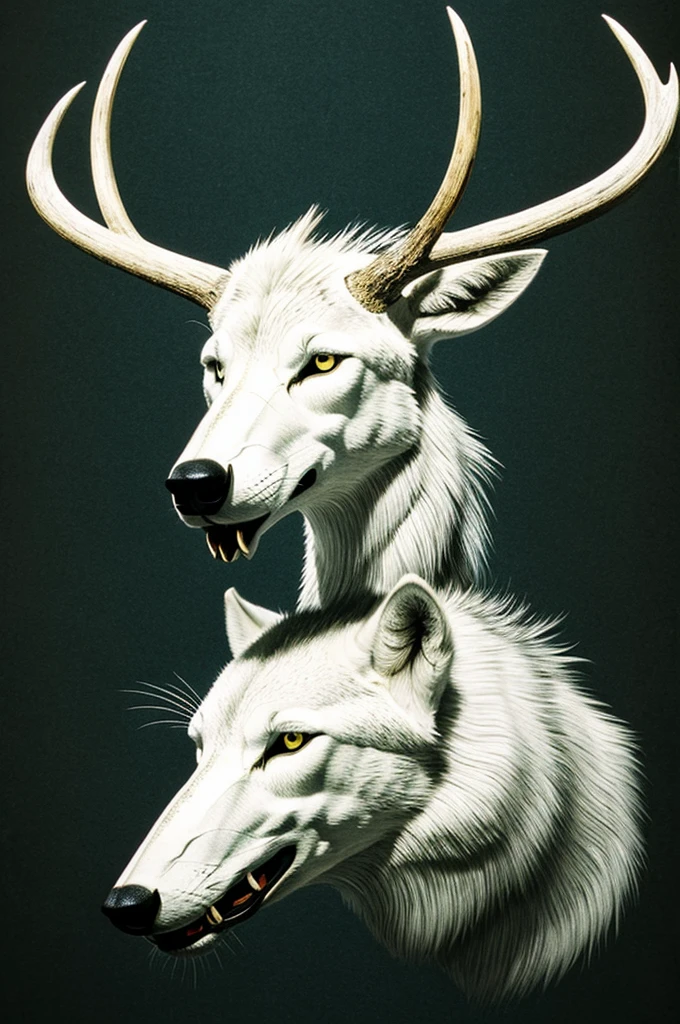 A white cartoon wolf, wearing a deer skull