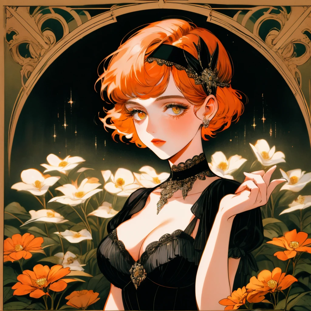 masterpiece, collage of short orange haired woman, hazel eyes, show cleavage a little, wearing black dress and black flapper headband, German, 1920s, 1920s outfit, a singer, in a cruise, flower, calm demeanor, various pose