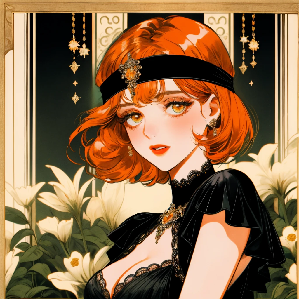 masterpiece, collage of short orange haired woman, hazel eyes, show cleavage a little, wearing black dress and black flapper headband, German, 1920s, 1920s outfit, a singer, in a cruise, flower, calm demeanor, various pose