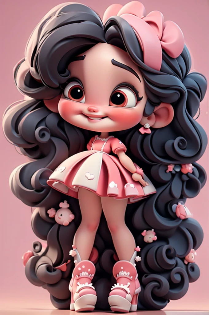 3d illustration, pixar style, cute chibi, baby girl ariana grande, black hair, long hair, red bow in hair, dress red with black with white dots, bright eyes, big eyelash, pink cheeks, happy, smiling, glitter, white socks, red high heels shoes, exuberant, fantastic, cute pose, wonderful, white background, clean solid background, hq, 8k, masterpiece