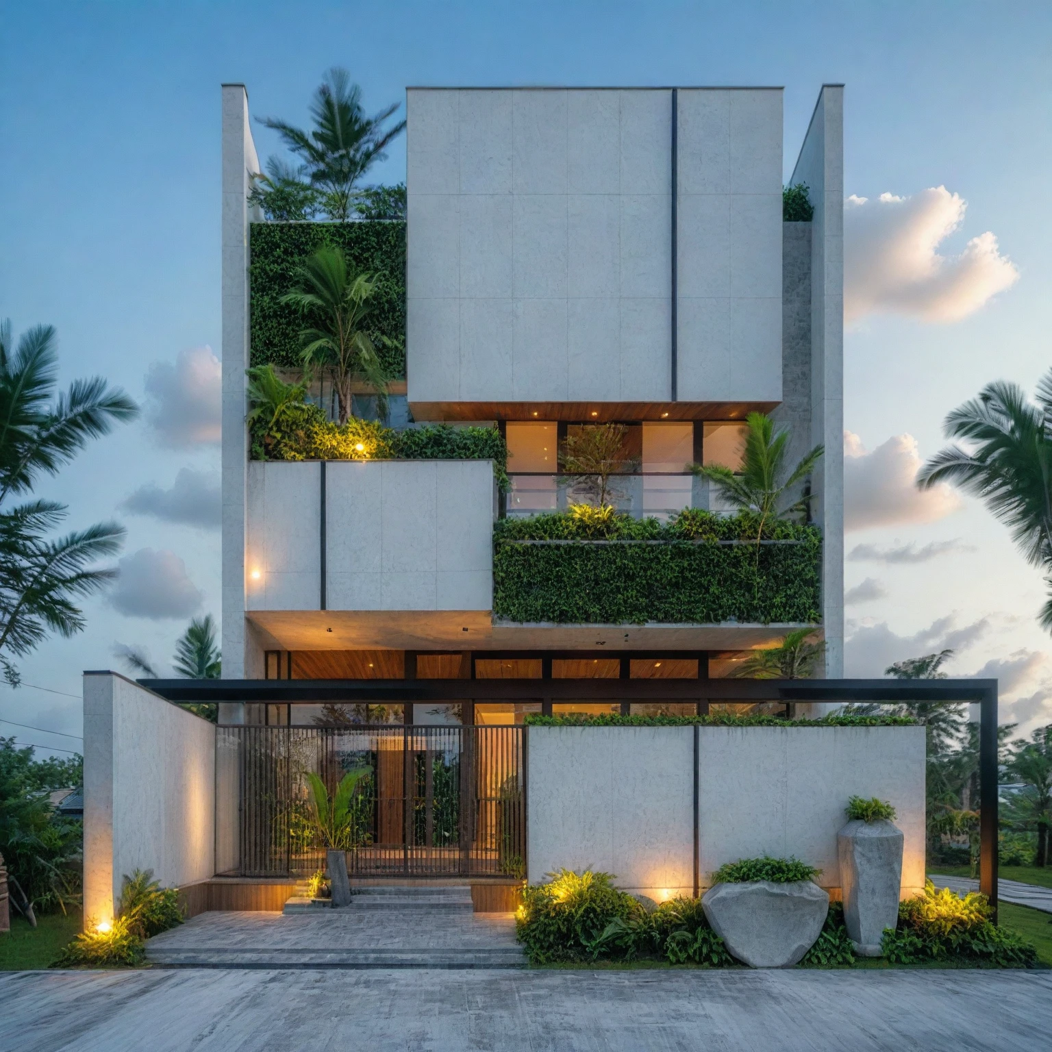 exterior house, contemporary style, white wall, wood wall, steel door, glass window, (realistic:1.2), Masterpiece, high quality, best quality, authentic, super detail, outdoors,road, trees, sky, cloud, (daylight:1.1), modern luxury villa, coconut trees, landscape, along the white beach, clear sky, day time, warm lighting RAW Photo, RAW texture, Super Realistic, 32K UHD, DSLR, soft lighting, high quality, film rating, Fujifilm XT3,Modern, Residential Architecture,  car in front of house