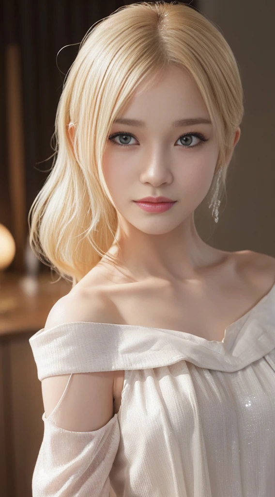 High resolution、high resolution、8K、Real Live Action、(((Off-the-shoulder blouse:1.4, one piece、Tank top、Highest quality:1.4)))、Physically Based Rendering, Portraiture, Super beautiful woman, 18-year-old, Small, large eyes, Fine thin eyebrows, Eye highlights, ハーフアップのWhite Blondeヘア, Highly detailed face and skin texture, Sharp focus, Clear focus:1.2, Slender beauty:1.4, Slim Abs, Oval Face, Lip gloss, Distinct facial features, A kind smile, Are standing, ((White Blonde、Blonde、forehead)), 、Sparkling eyes、Sparkling eyes、Lip glossで輝く唇、