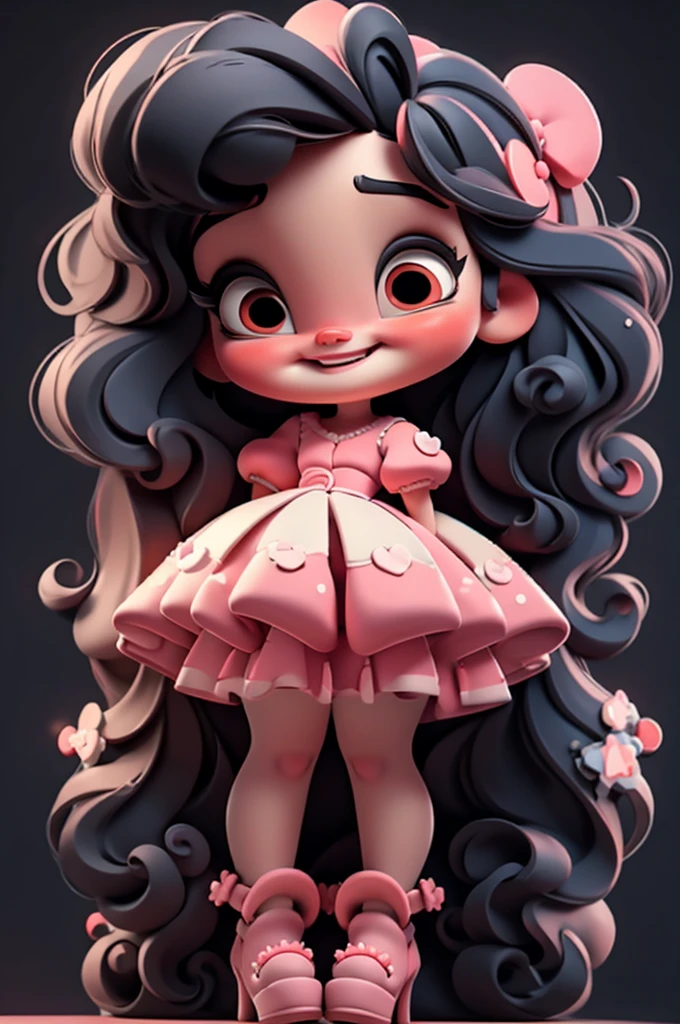 3d illustration, pixar style, cute chibi,  ariana grande, black hair, long hair, red bow in hair, dress red with black with white dots, bright eyes, big eyelash, pink cheeks, happy, smiling, glitter, white socks, red high heels shoes, exuberant, fantastic, cute pose, wonderful, white background, clean solid background, hq, 8k, masterpiece, vivid color