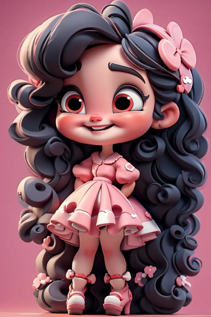 3d illustration, pixar style, cute chibi,  ariana grande, black hair, long hair, red bow in hair, dress red with black with white dots, bright eyes, big eyelash, pink cheeks, happy, smiling, glitter, white socks, red high heels shoes, exuberant, fantastic, cute pose, wonderful, white background, clean solid background, hq, 8k, masterpiece, vivid color