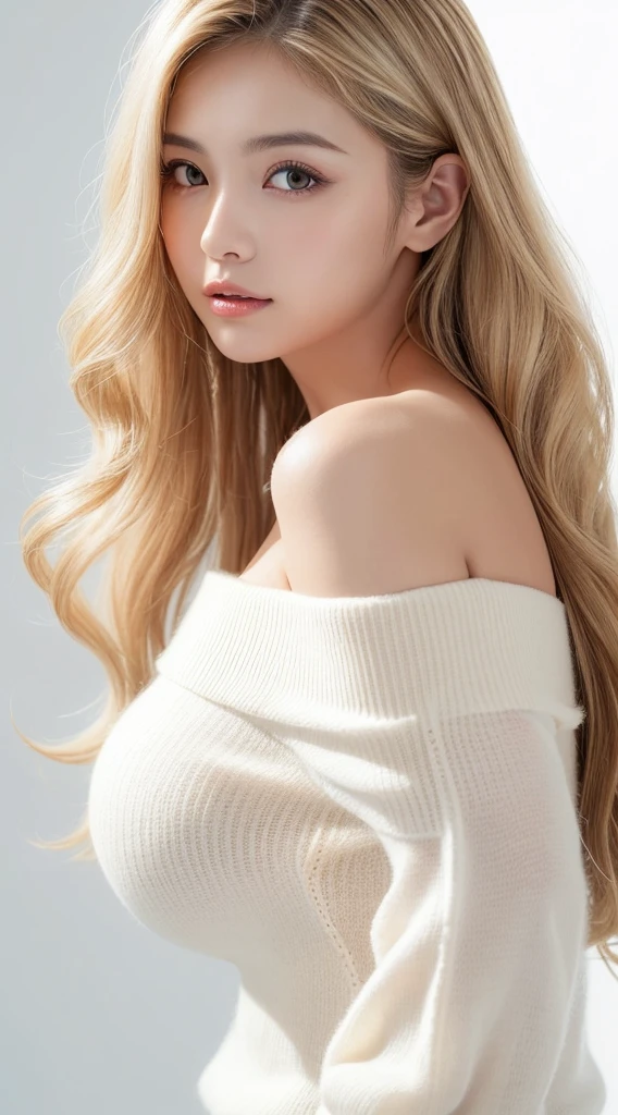 (((((White BlondeのLong Hair、Long Hair、超Long Hair、Off-the-shoulder blouse、Fluffy Wave、White Blonde、Gal、beauty、Well-groomed face、beautiful girl、White background、half、Japanese Idols))))), Highest quality, shape, Very detailed, finely, High resolution, 8k wallpaper, 完璧なダイナミックな構shape, finelyて美しい目, Natural Lip , Big Breasts, Random sexy poses,