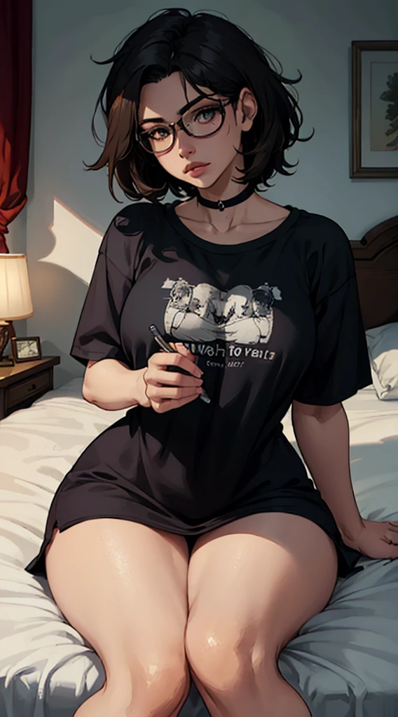 masterpiece, best quality, realistic, highly detailed, 1girl, solo, (body shot), different eyes color, short hair, black hair, glasses, large breast, ((T-shirt)), Lying in bed, Lips pierced, tatto on neck, beautiful girl, A tomboy face, Flat face without expression, bedroom background, detail eyes, detail hair, perfect lighting