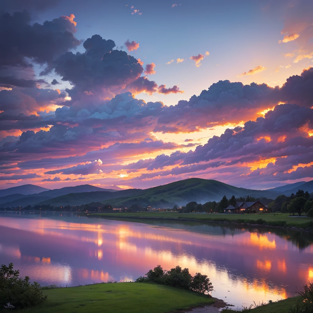A beautiful purple sky, dramatic sunset, glowing clouds, detailed landscape, rolling hills, lush greenery, serene lake, reflection, dramatic lighting, painterly style, vibrant colors, photorealistic, 8k, high quality, masterpiece
