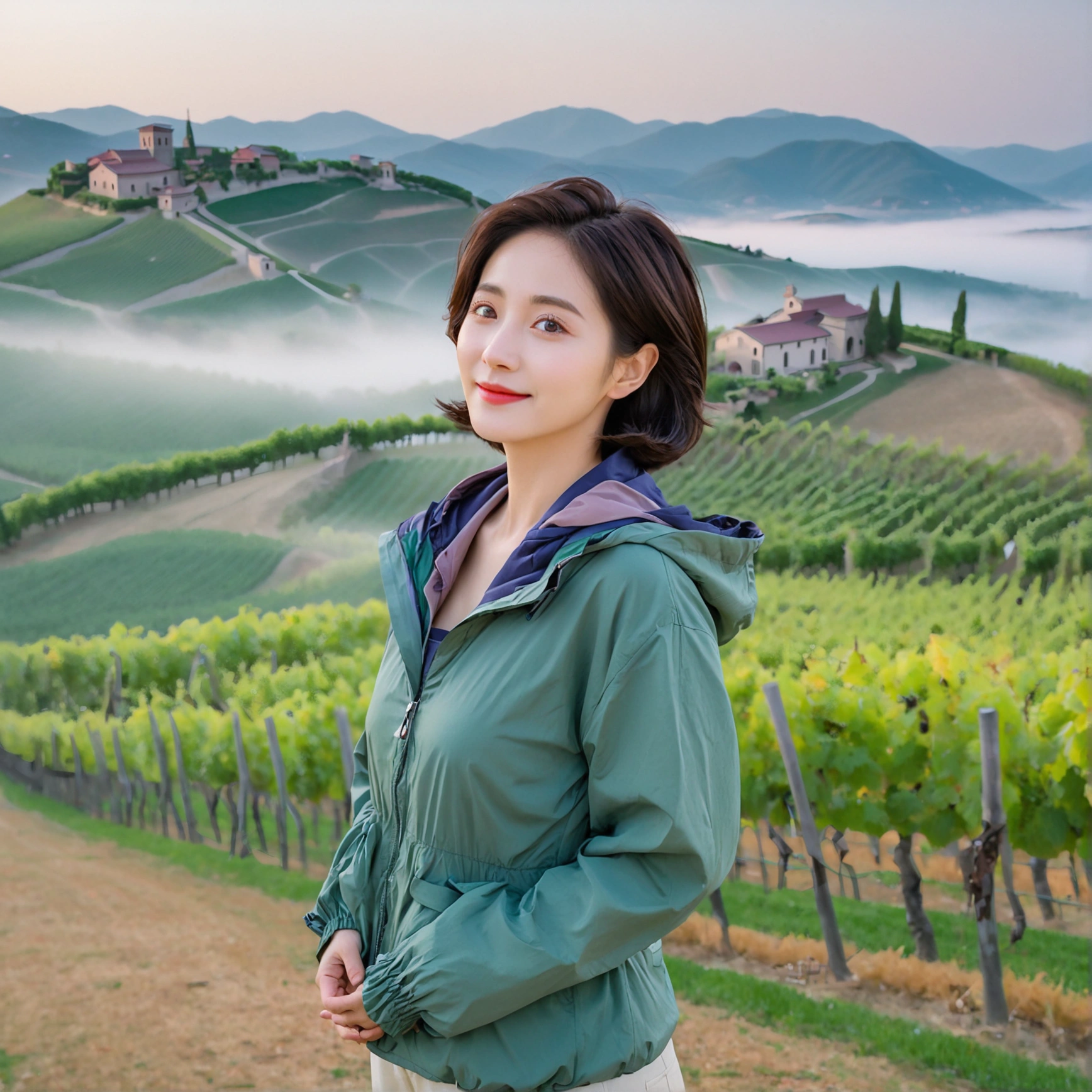 8k best picture quality, Beautiful 36-year-old Korean woman, You have good skin and big and pretty eyes... Chest size 34 inches, italian countryside, past the vineyard, The cathedral can be seen in the distance in the thick fog..., The background is realistic and vivid quality.., Short and medium hair blowing in the wind, Wear a high-quality windbreaker over your t-shirt. beige casual pants, i am smiling. Standing on a hill overlooking a misty vineyard. the background is clear, Short and slim Korean woman, stand far away, Photo taken with a wide-angle lens, A woman with big and pretty eyes, eyes are round and big