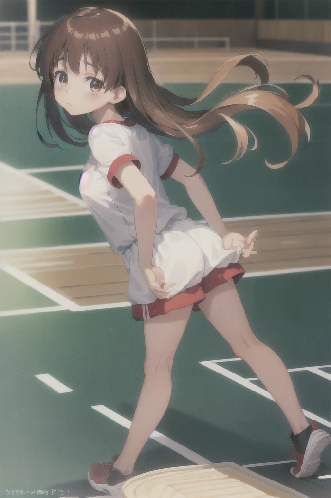 adjusting clothes, 
from behind.
cute face, kawaii, cute, very big eyes, Aesthetic Anime Eyes, small face,
(8k,  masterpiece, best quality, high resolution:1.3),
huge breasts, brown eyes, 
buruma, gym shirt,
1girl, solo,  school gym,