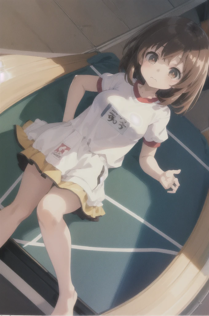 adjusting clothes, 
from behind.
cute face, kawaii, cute, very big eyes, Aesthetic Anime Eyes, small face,
(8k,  masterpiece, best quality, high resolution:1.3),
huge breasts, brown eyes, 
buruma, gym shirt,
1girl, solo,  school gym,