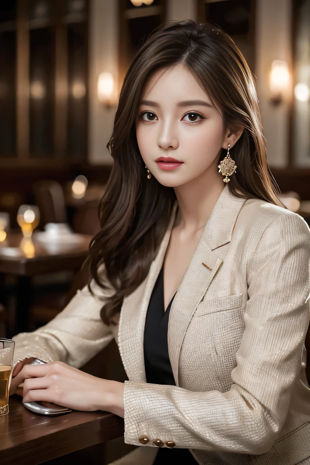 masterpiece, Highest quality, Realistic, Very detailed, Finer details, High resolution, 8k wallpaper, One beautiful woman,Wear a nice suit, In a great restaurant, At night, Light brown messy hair, Perfect dynamic composition, Beautiful and beautiful eyes、Big earrings、Sitting、