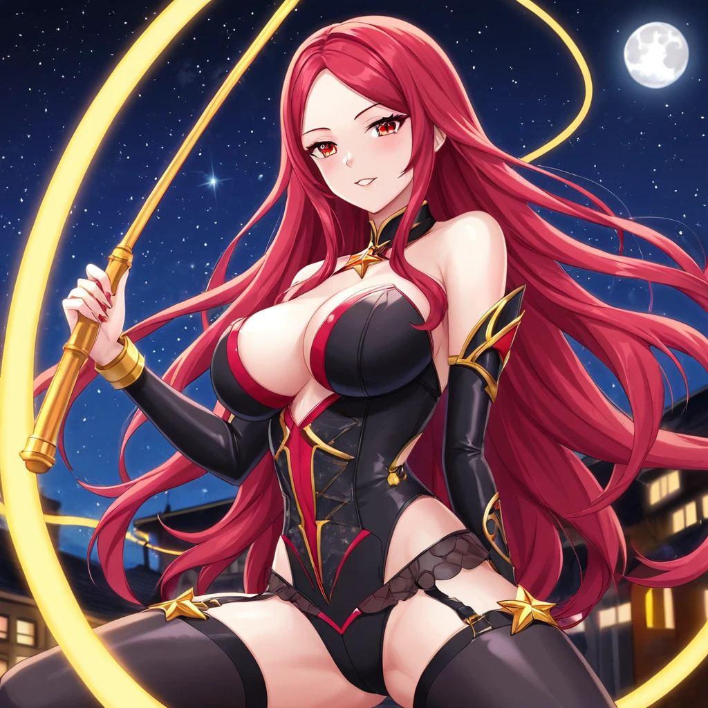 A Beautiful Heroine with a beautiful figure, long, flowing crimson red hair, fair skin tone, and crimson red eyes. She is clad in a black bodysuit with a Red Star pattern on it, and gold accessories. She is standing on top of a building in the night, with the night sky full of stars, and the moon, her hair and eyes glowing crimson color.