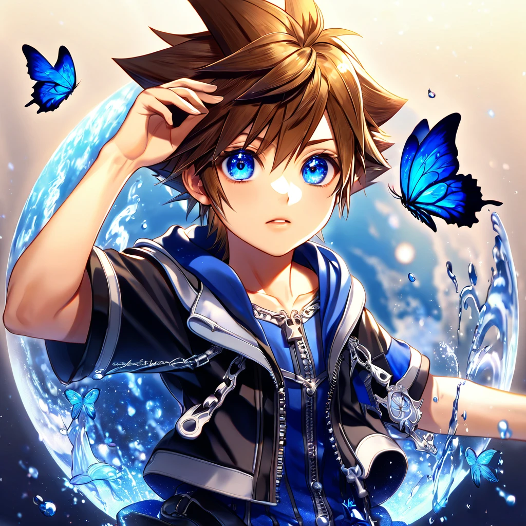 absurdres, highres, ultra detailed, HDR, master piece, best quality, extremely detailed, Sora, brown hair, expressive blue eyes, Kingdom Hearts, solo, sexy man, handsome, black jacket, fantasy, water, sparkling, blue glittering fireflies, blue moon, blue flowers, blue butterflies, starry sky