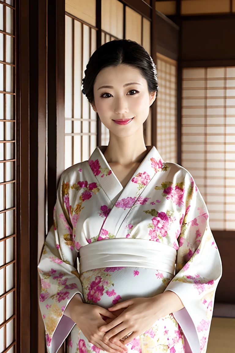 (Highest quality、Tabletop、8K、Best image quality、Award-winning works)、(One beautiful mature woman:1.1)、Adult face、(Innkeeper:1.1)、(Elegant floral kimono:1.2)、(A kimono with a perfect and precise collar:1.2)、Perfect mature woman portrait photo、Glowing Skin、Standing Elegantly、(Blurred elegant and exquisite perfect Japanese style room background:1.3)、(The most natural and perfect tidy Japanese style room background:1.2)、Glowing White Skin、Very white skin、(Accentuate your body lines:1.1)、(The most graceful posture:1.2)、(Large Breasts:1.2)、A perfect smile、Perfect beautiful glossy lips、(Accurate anatomy:1.1)、(A perfect and elegant kimono:1.1)、(Standing with good posture:1.1)、(Face close-up:1.1)、(A pregnant:1.1)