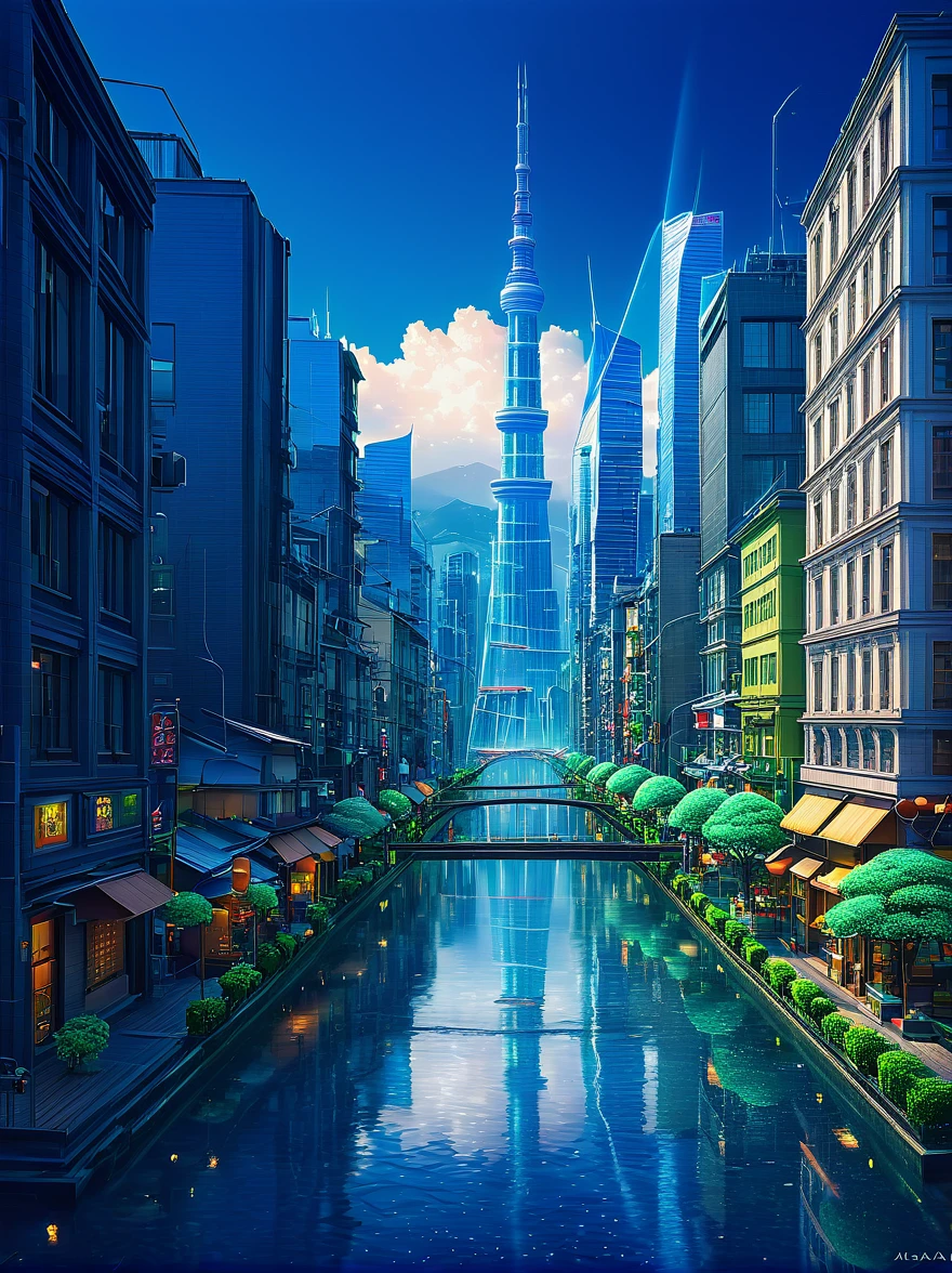 in style of Miki Asai, city landscape