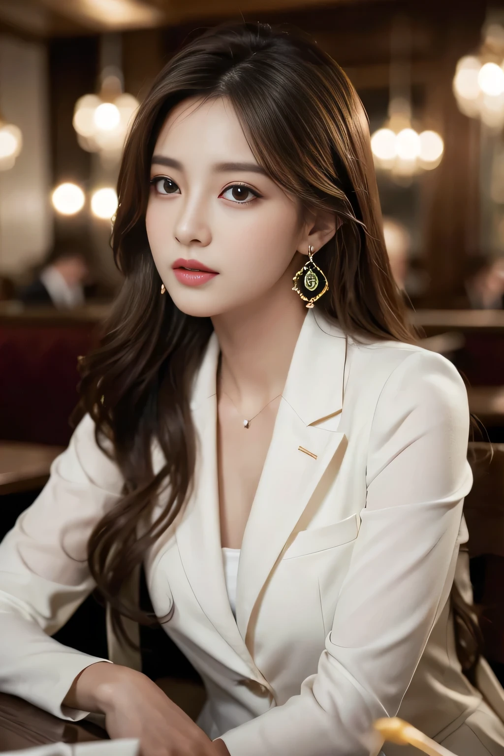 masterpiece, Highest quality, Realistic, Very detailed, Finer details, High resolution, 8k wallpaper, One beautiful woman,Wear a nice suit, In a great restaurant, At night, Light brown messy hair, Perfect dynamic composition, Beautiful and beautiful eyes、Big earrings、Sitting、