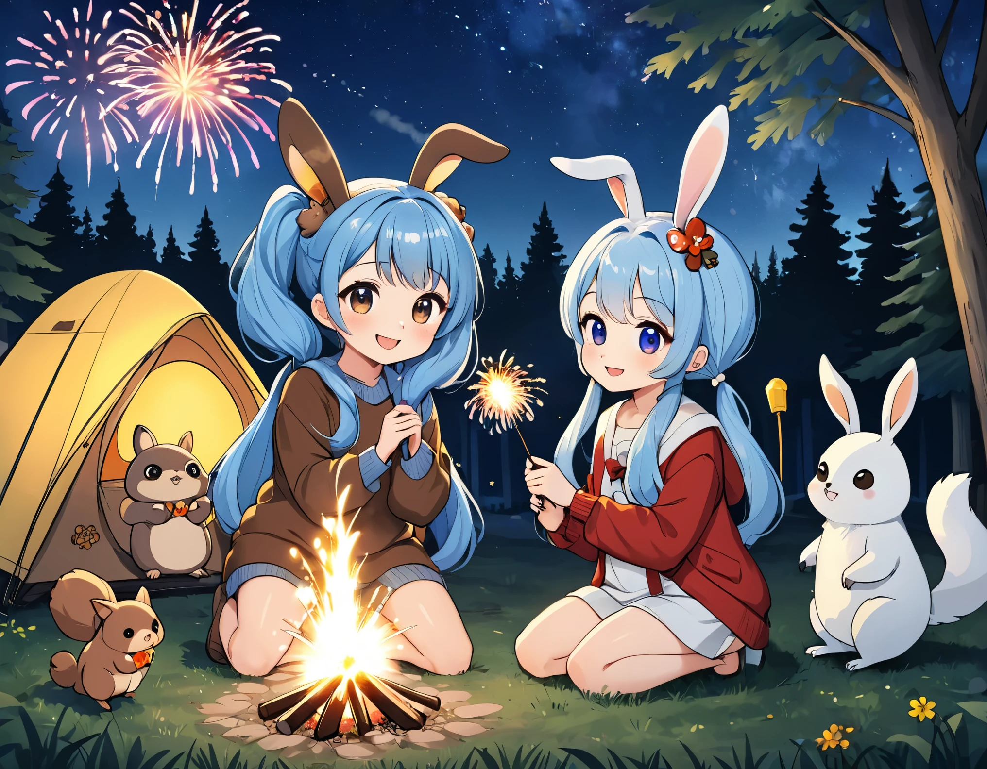 Campfire in the woods、Two Girls,1 Chibi Character、Nice face,Dark Eyes、Light blue long hair、Beautiful girl with twin tails,Forest animals and fireworks、Rabbit、Squirrel、Bear、deer、owl、Lots of animals、Crouched down holding a sparkler and watching the sparks fly、Bright smile、Warm and soft lighting,Night Sky,Starry Sky