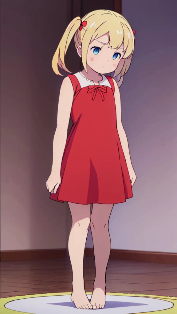 ((masterpiece))((Highest quality))Standing upright、Blonde、(long twin tails up to shoulders)(So that your whole body can be seen)、Directly in front、No background、(Put your feet on the ground)low length、、Flat Chest、Are thin、Red dress、