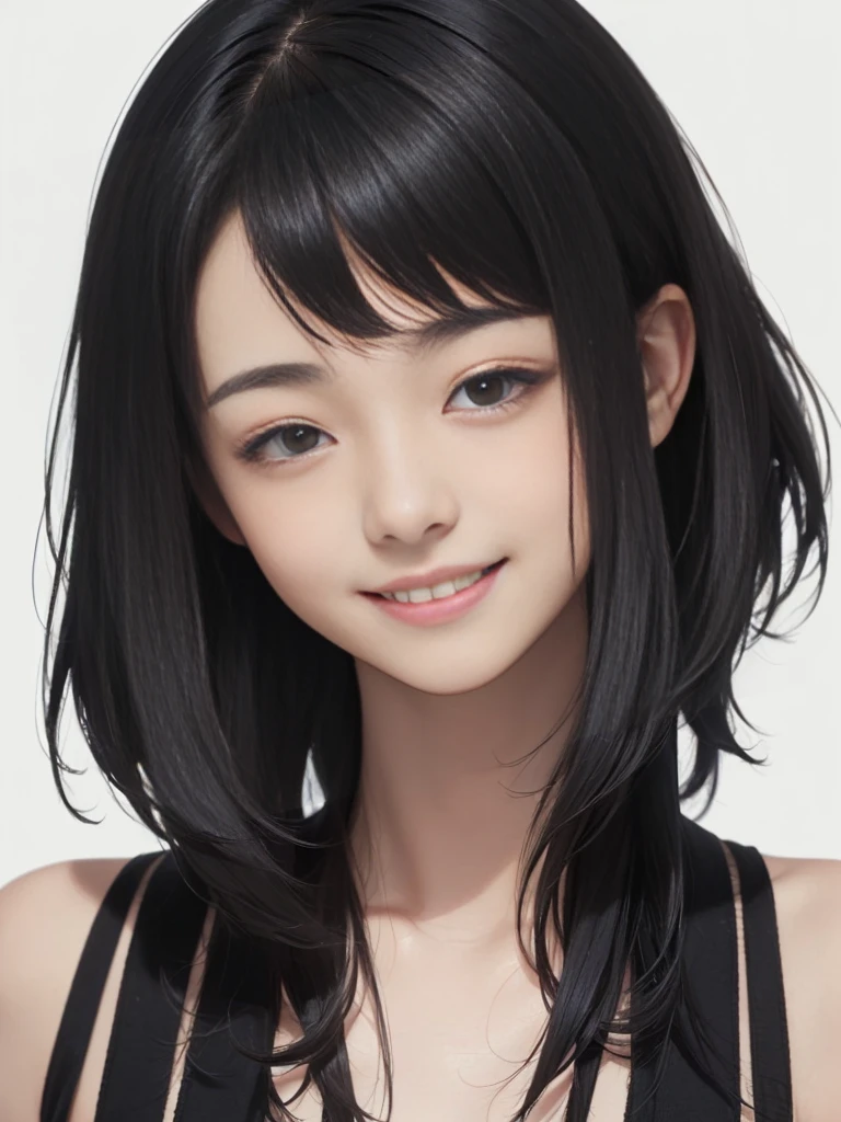 (((Masterpiece))), (high quality), one Japanese boy, 18 years old,(tall and thin,sleepy droopy eyes, long face,thin cheeks:1.5),(black shaggy short hair,blank expression,smile:1.5),(Plain background:1.5),