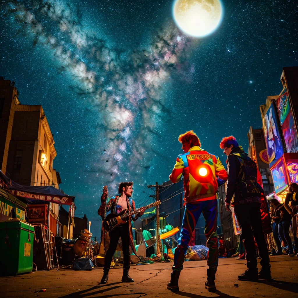 "At the edge of the universe, an unknown planet...""Ziggy Stardust, the pilot of a mysterious spaceship""His name, along with his legendary attire"Building friendships through different cultures and music""A concert on a planet where music holds power""Becoming a beacon of music and love across the universe""The beginning of Ziggy Stardust's strange adventure"