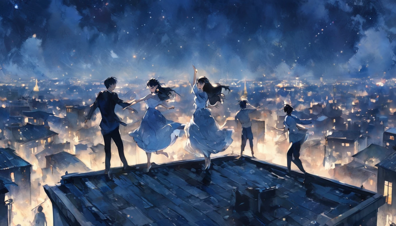 Men and women dancing on the roof of a building、Night view background