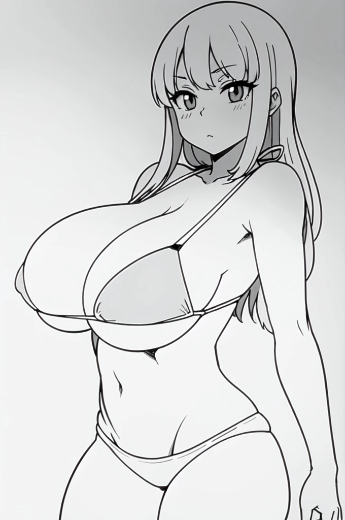 lineart, monochrome, sexy pose, clean anime outlines, perfect lineart, clean lineart, extremely fine ink lineart, simple lineart, beautiful line art, anime style drawing, thick black lineart, black and white manga style, pin on anime, huge tits, strap line bikini