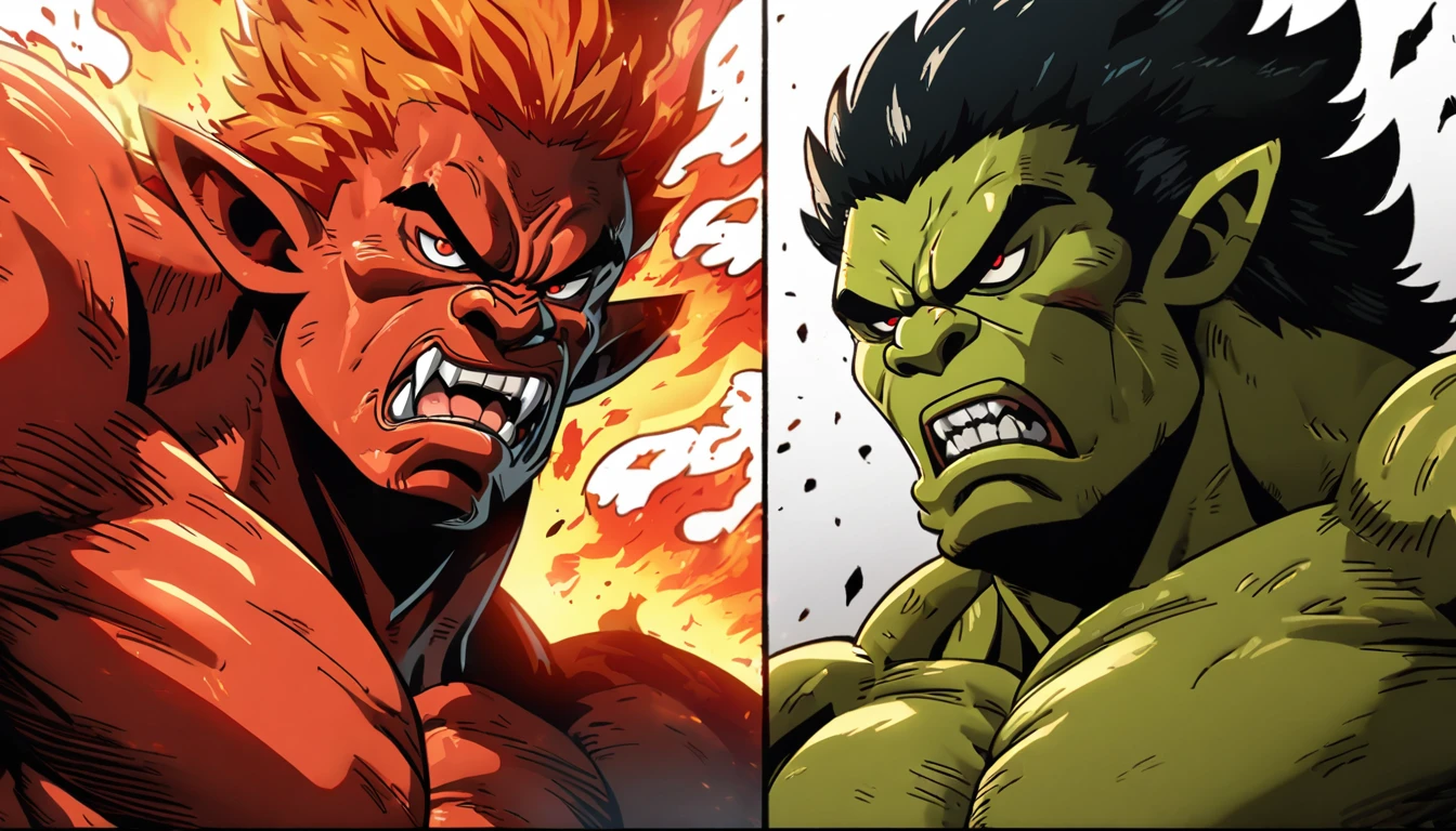one punch man Style, Orc Style, big muscles, Axe, Magma Style, Red Eyes, black hair, messy hair, Fire Effect, HD, Anime Style, Big Size, Lion Face