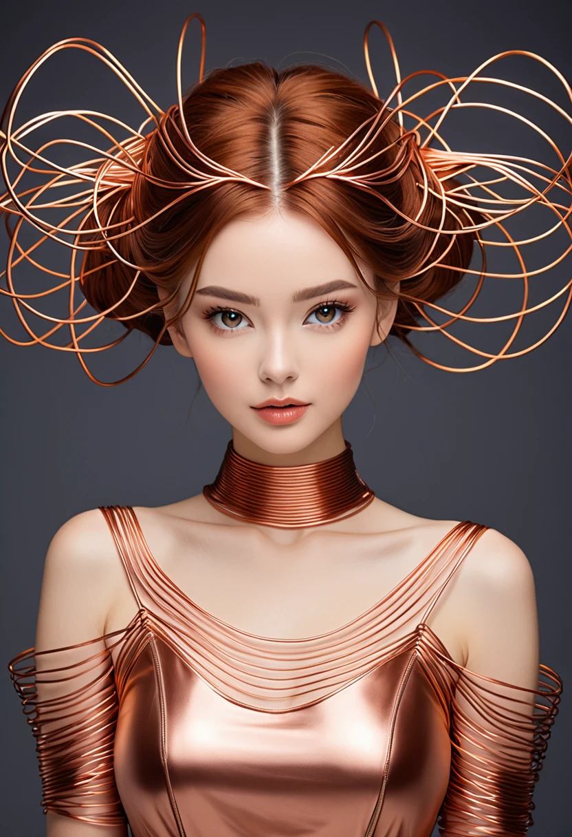 A beautiful women with copper wires for hair. Wearing a dress made of copper wires.