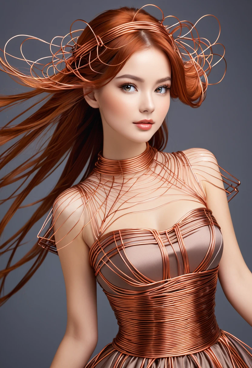 A beautiful women with copper wires for hair. Wearing a dress made of copper wires.