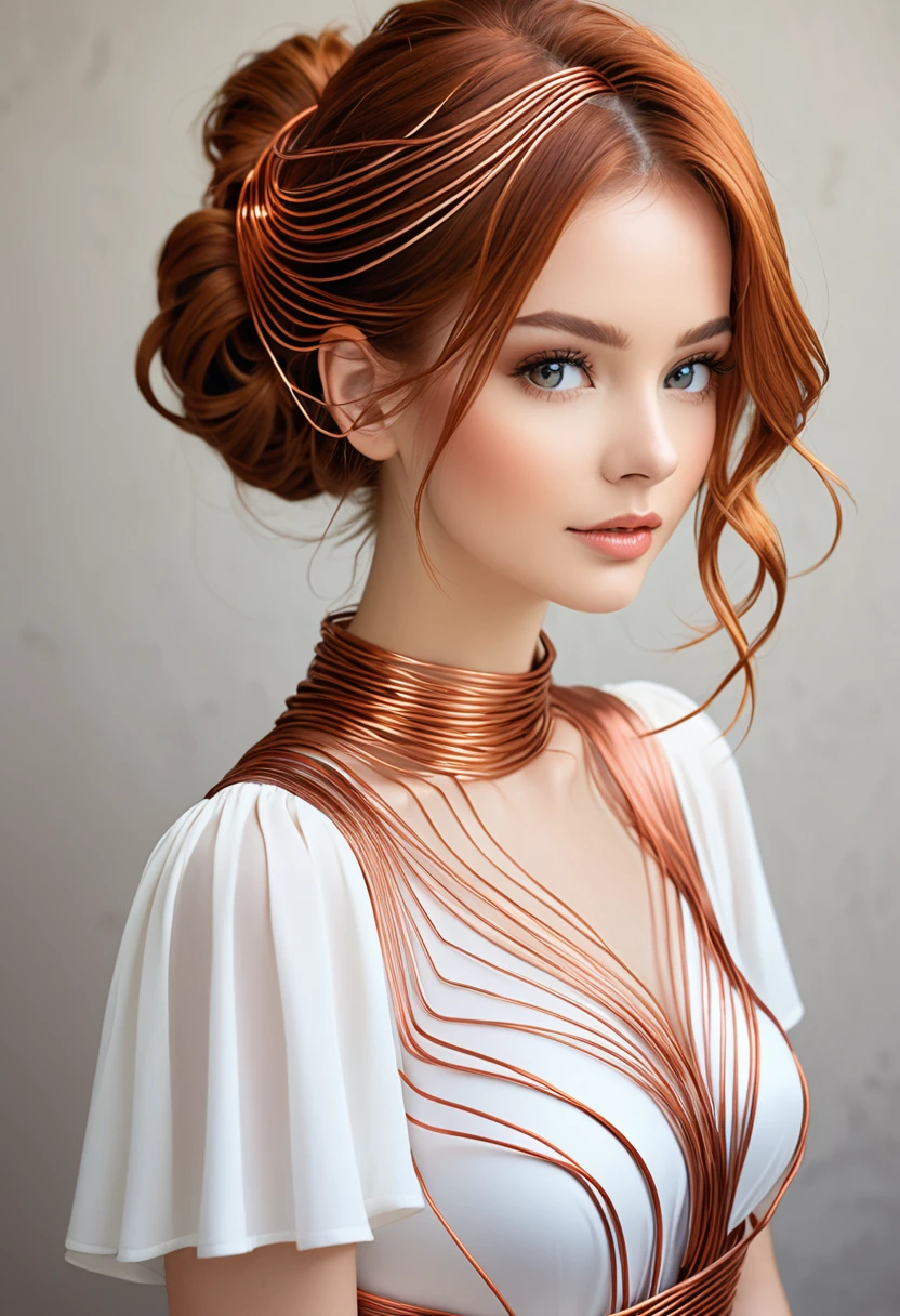 A beautiful women with copper wires for hair. Wearing a dress made of copper wires.