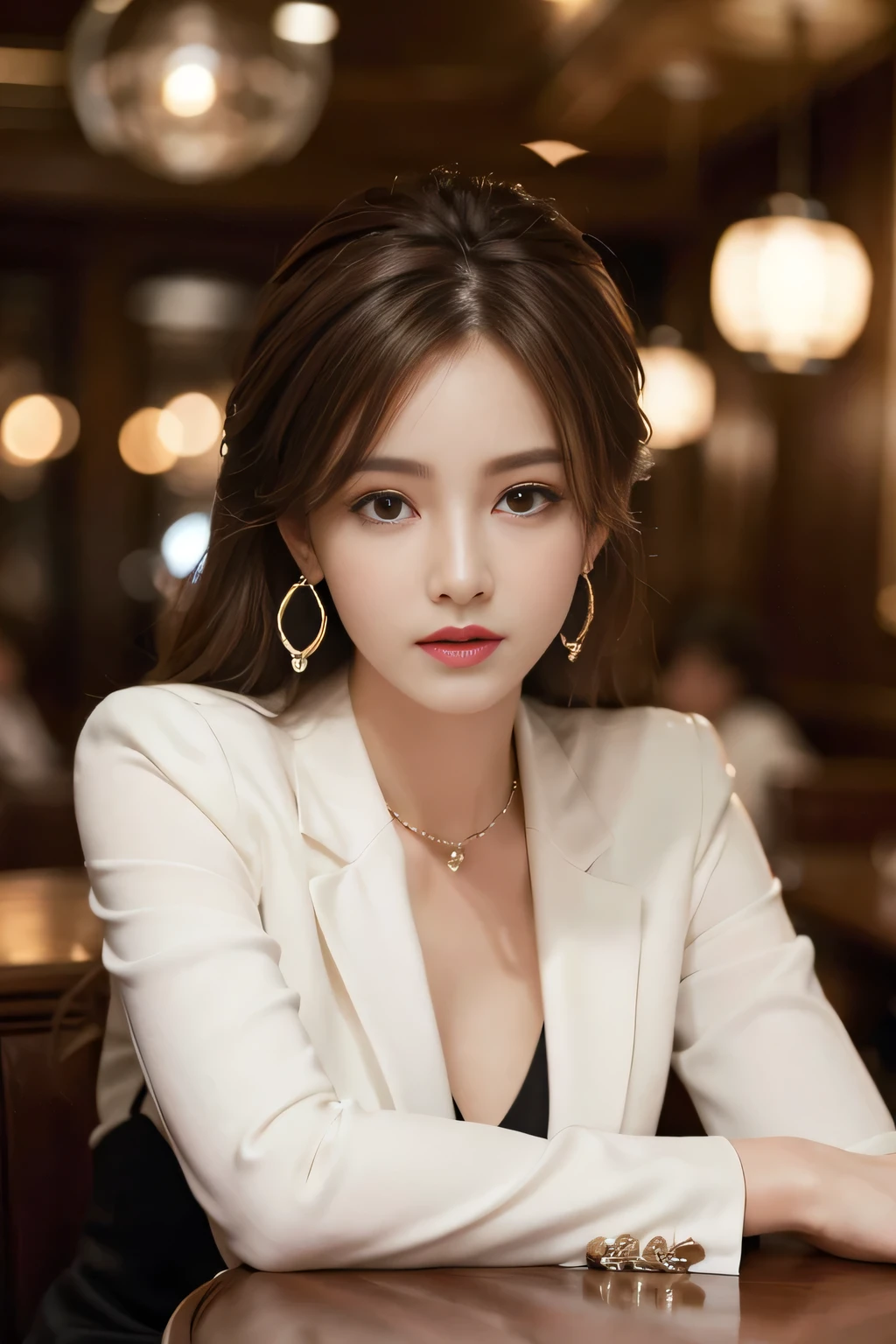 masterpiece, Highest quality, Realistic, Very detailed, Finer details, High resolution, 8k wallpaper, One beautiful woman,Wear a nice suit, In a great restaurant, At night, Light brown messy hair, Perfect dynamic composition, Beautiful and beautiful eyes、Big earrings、Sitting、