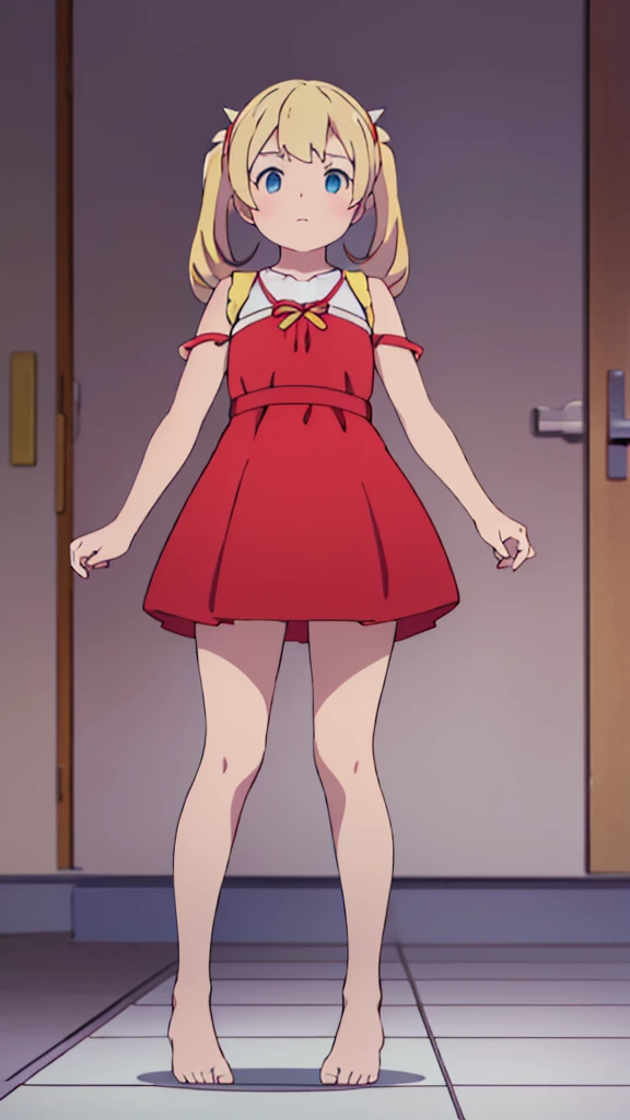 ((masterpiece))((Highest quality))Standing upright、Blonde twin tails、(So that your whole body can be seen)、Directly in front、No background、(Put your feet on the ground)low length、、Flat Chest、Are thin、Red dress