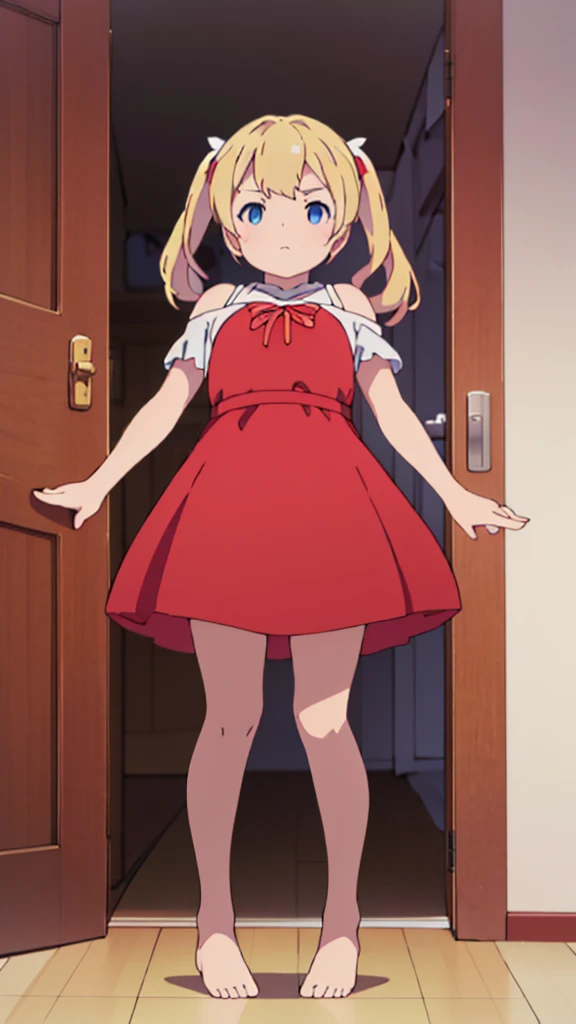 ((masterpiece))((Highest quality))Standing upright、Blonde、(long twin tails up to shoulders)(So that your whole body can be seen)、Directly in front、No background、(Put your feet on the ground)low length、、Flat Chest、Are thin、Red dress、