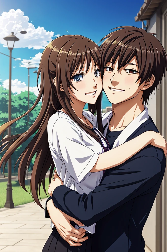 Create an image of a young couple hugging in anime style.