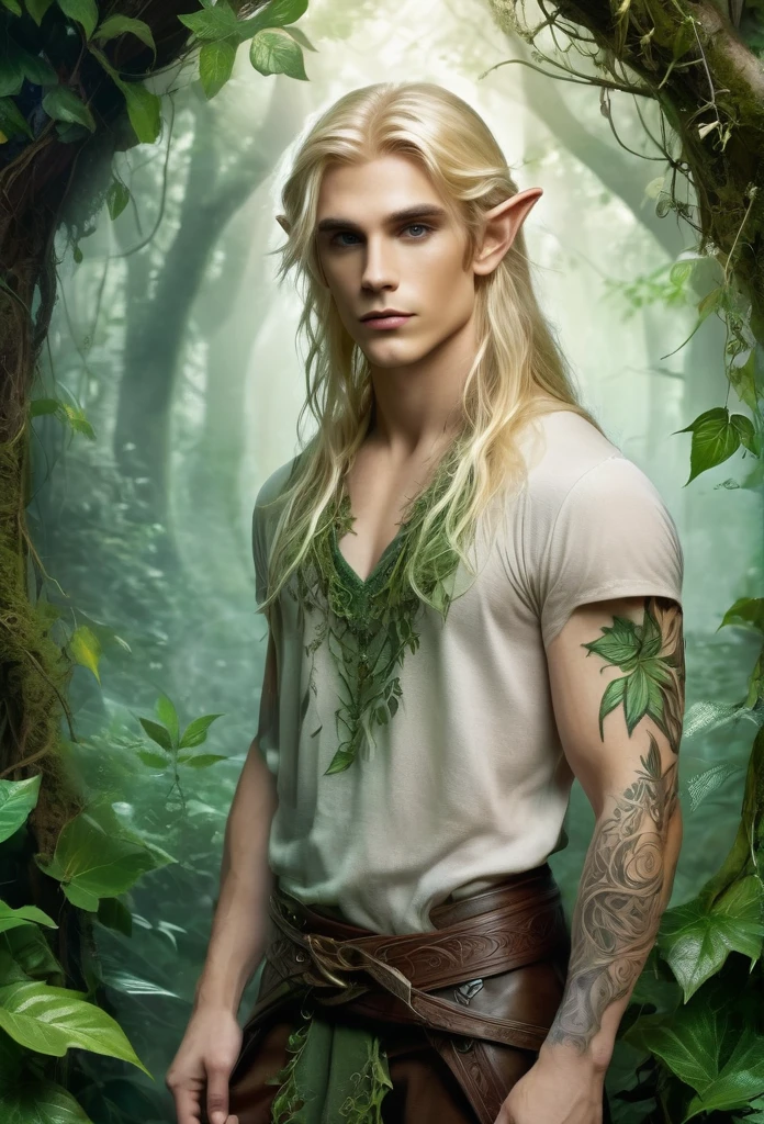 Young guy elf,blond(full body),long hair, defined body, tattooed,in a magical forest)light mist,he is a mystic forest, he's very detailed adorned with leaves and vines, he's amongst vines and holding them,he has a sensual and sad look