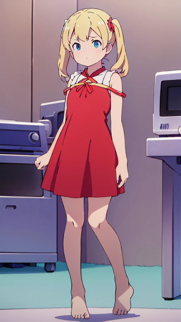 ((masterpiece))((Highest quality))Standing upright、Blonde、(long twin tails up to shoulders)(So that your whole body can be seen)、Directly in front、No background、(Put your feet on the ground)low length、、Flat Chest、Are thin、Red dress、