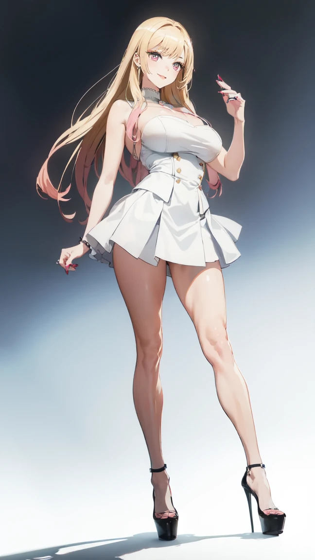 ((masterpiece, high resolution, better quality, better details)), ((Marin Kitagawa)), ((Smiling)), ((one girl)) a girl modeling standing, mini skirt, blouse, ((big neckline)), ((platform high heels)), pink eyes with black outline, (light blonde hair, straight hair, straight bangs, long hair)), long nails, pink nails, (((curvy body))), shiny skin, ((side view)), solo, bare shoulders, full body, focus full body, high heels, ((White background)),