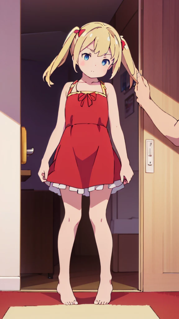 ((masterpiece))((Highest quality))Standing upright、Blonde、(long twin tails up to shoulders)(So that your whole body can be seen)、Directly in front、No background、(Put your feet on the ground)low length、、Flat Chest、Are thin、Red dress、