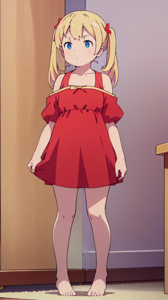 ((masterpiece))((Highest quality))Standing upright、Blonde、(long twin tails up to shoulders)(So that your whole body can be seen)、Directly in front、No background、(Put your feet on the ground)low length、、Flat Chest、Are thin、Red dress、