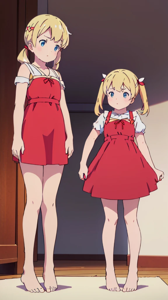 ((masterpiece))((Highest quality))Standing upright、Blonde、(long twin tails up to shoulders)(So that your whole body can be seen)、Directly in front、No background、(Put your feet on the ground)low length、、Flat Chest、Are thin、Red dress、