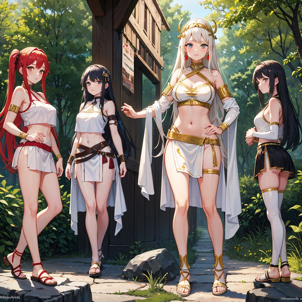 young greek warriors girls in togas , only girls , forest in the background ,four girls, sandals , close to the viewer,, sexy , multiple girls ,exposed belly, curves , black hair , blonde hair , red hair , white hair , light armor , knee pads, elbow pads,
