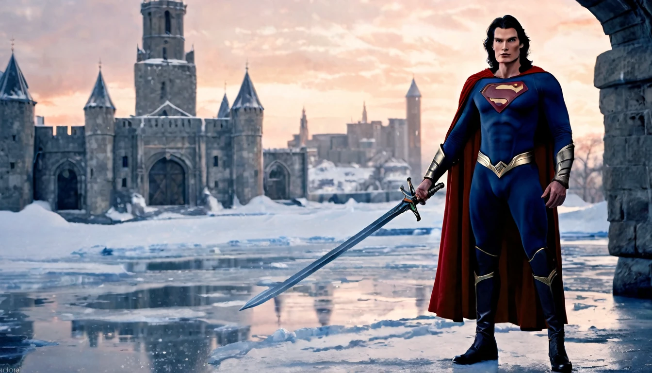Medieval warrior man, super muscular body on steroids, Christopher Reeve's face, long black hair, dark blue armor, red cape, a big S on his chest, legendary sword in his hand, old ice building in the background, sunset, snow, black floor, ethereal atmosphere, cinematic lighting, photorealistic, (best quality, 8k, high resolution, masterpiece: 1.2), ultra detailed, realistic, photorealistic: 1.37, spectacular lighting, moody, fantasy, concept art